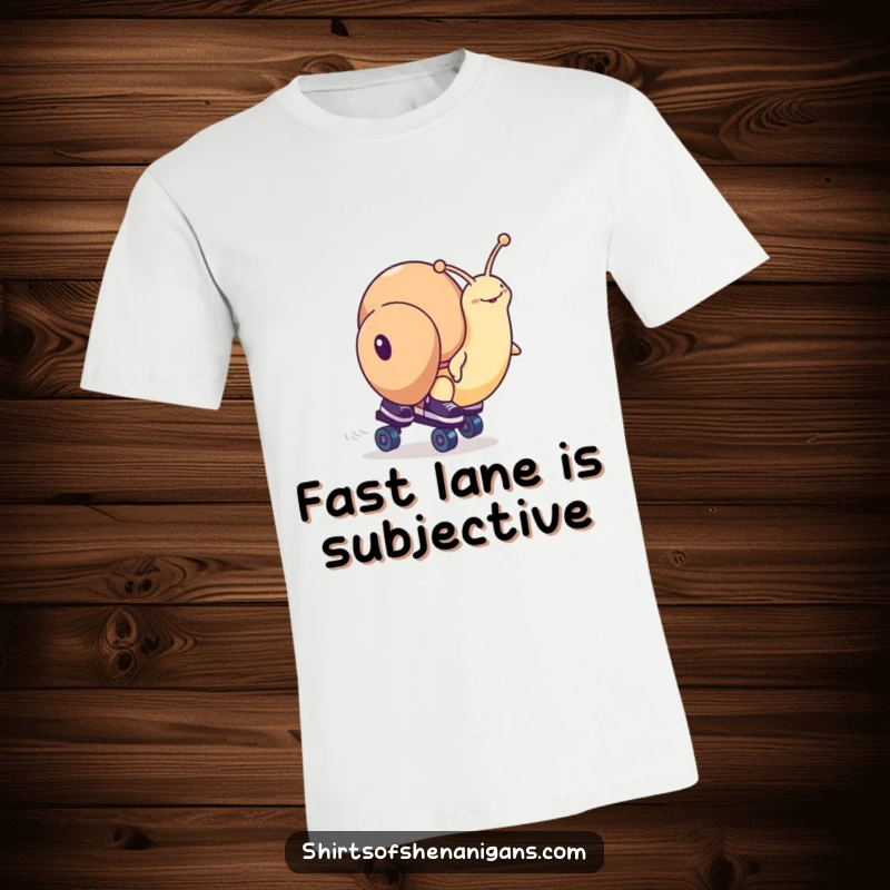 Funny snail character on roller skates, depicted in a dynamic race pose on a t-shirt, conveying speed and comical effort.