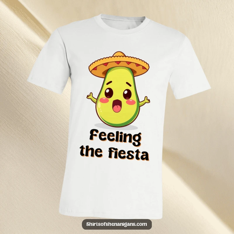 Funny t-shirt with a surprised avocado in a sombrero, celebrating food humor and a festive, funny gift.