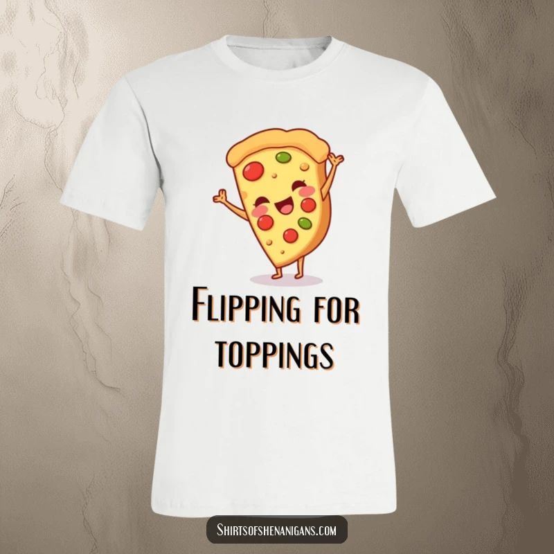 Funny t-shirt with a smiling pizza slice doing a cartwheel, celebrating food humor and a fun, funny gift.