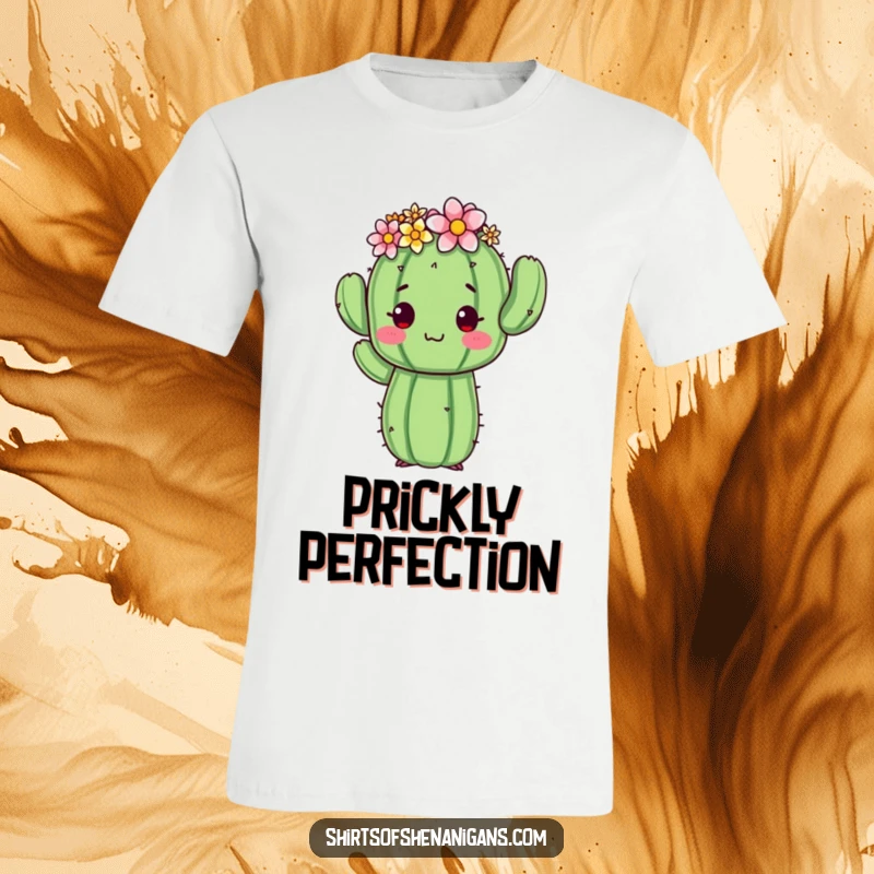 Funny cactus t-shirt featuring a proud cactus wearing a flower crown, striking an awkward pose, designed for humor lovers.