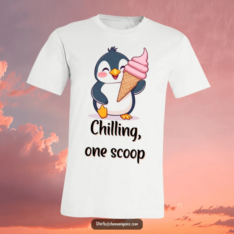 Funny giddy penguin t-shirt, gleefully balancing a giant ice cream cone with a silly grin, spreading joy.