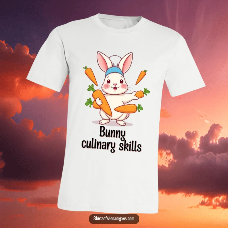 Funny T-shirt featuring a rabbit wearing a chef hat, hilariously juggling oversized carrots with impressive skill and a cheerful demeanor.
