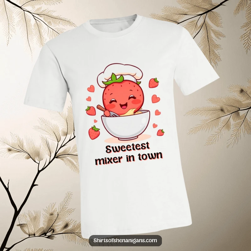 Funny Strawberry Chef T-Shirt: Cheerful cartoon strawberry chef joyfully mixing batter in a bowl, perfect for bakers.