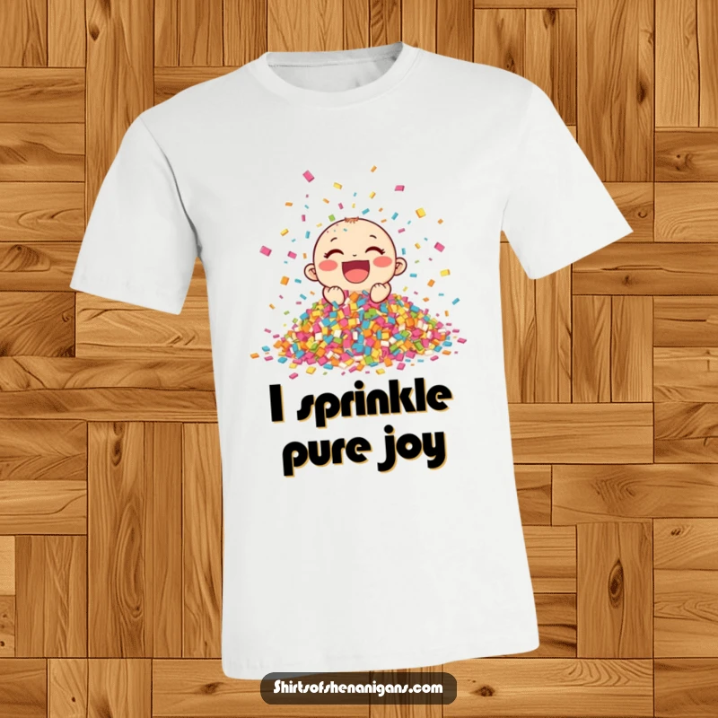 Funny Giggling Confetti T-Shirt depicting a colorful heap of confetti enthusiastically celebrating, a wearable party and funny gift.