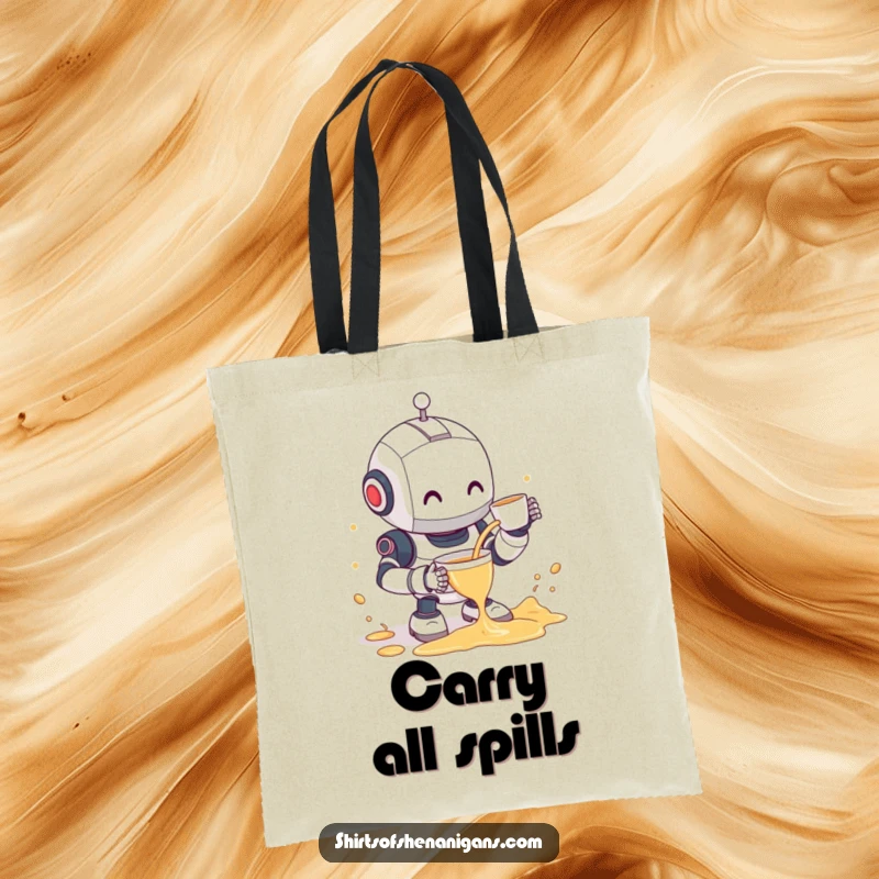 Funny robot tote bag depicting a clumsy robot spilling tea with a shy smile, a humorous and practical accessory.