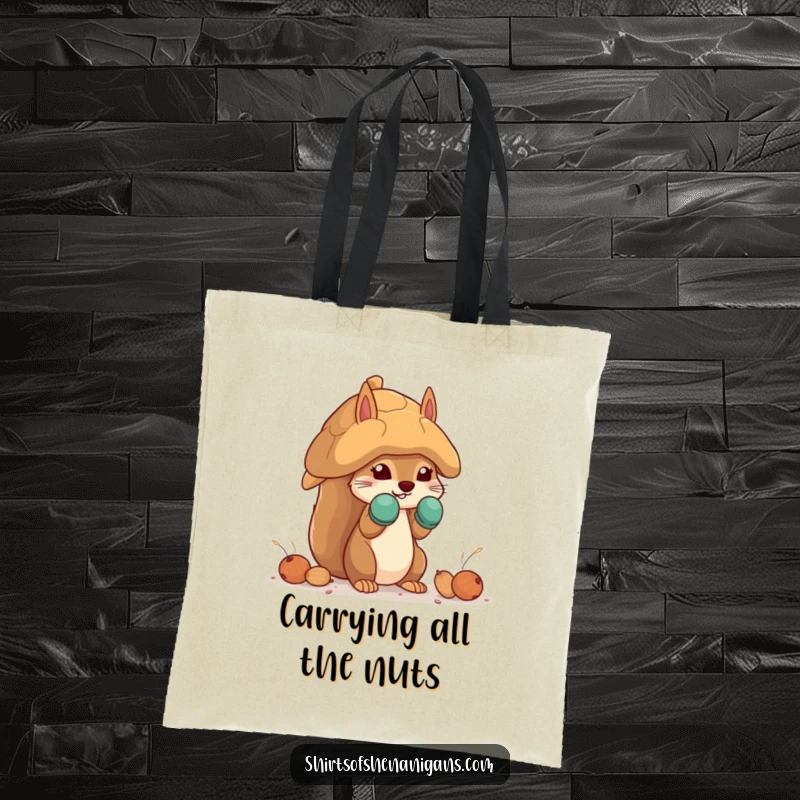 Funny squirrel tote bag with a squirrel in mittens building a giant nut house, perfect for humorous and practical carrying.