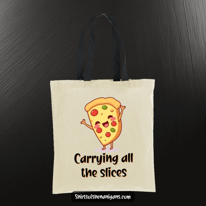 Funny tote bag with a smiling pizza slice doing a cartwheel, perfect for pizza lovers and a vibrant, funny gift.