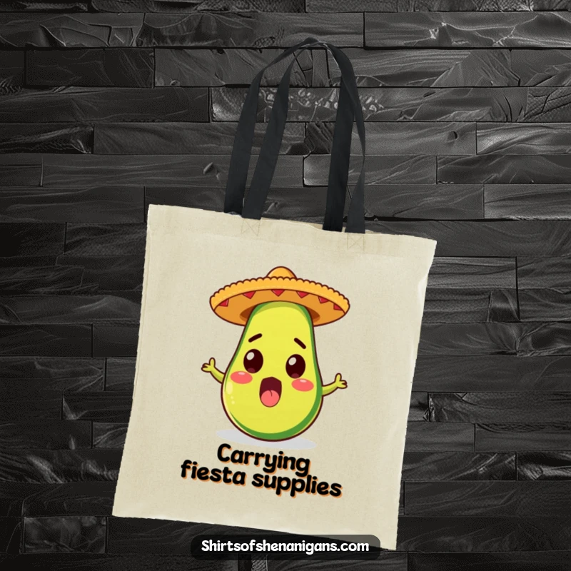 Funny tote bag with a surprised avocado in a sombrero, perfect for fiesta lovers and a vibrant, funny gift.