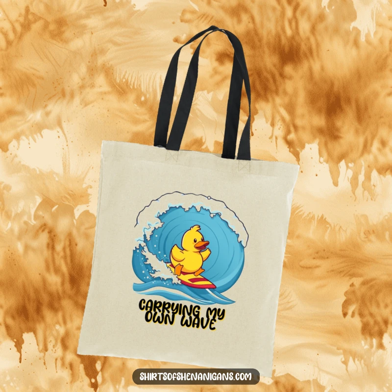 Funny tote bag, a determined rubber duck surfing a giant wave, perfect for beach trips and carrying humor.