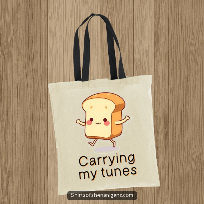Funny dancing loaf of bread with tiny legs tapping its feet on a tote bag, perfect for carrying items with flair.