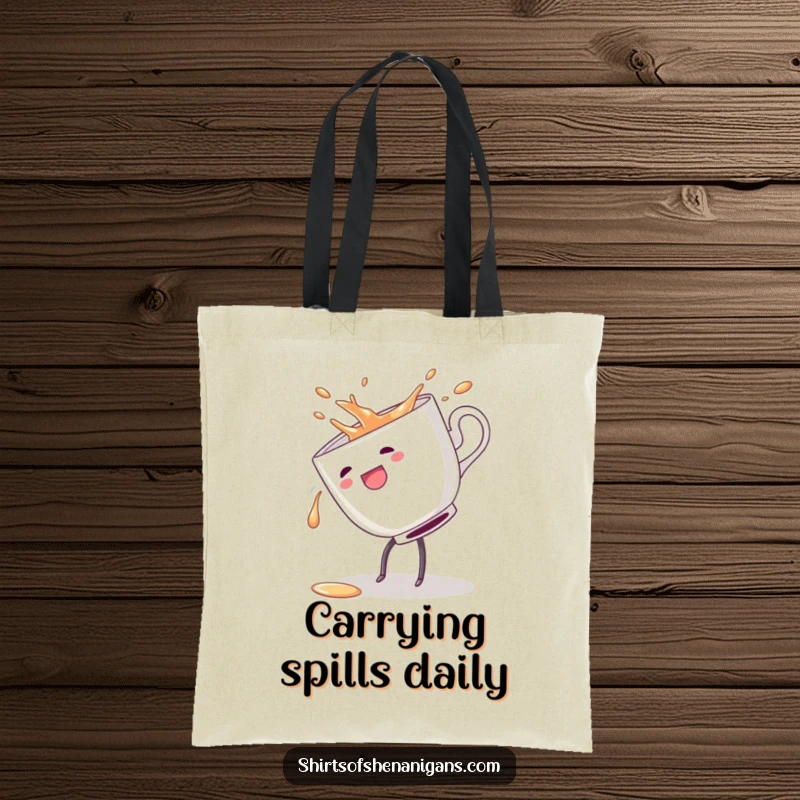 Funny tote bag with a teacup doing a cartwheel and spilling, perfect for carrying groceries or books with a humorous, energetic theme.