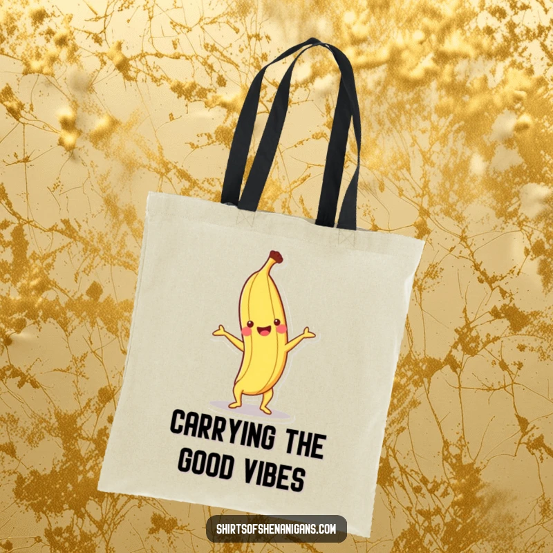 Funny tote bag with a happy banana doing a handstand, showcasing its playful and energetic nature.
