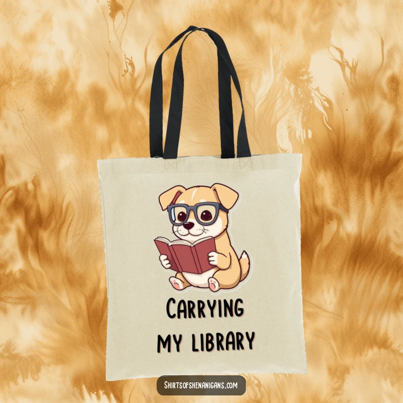 Funny tote bag with a dog wearing glasses, dramatically reading a miniature book, literary canine companion.