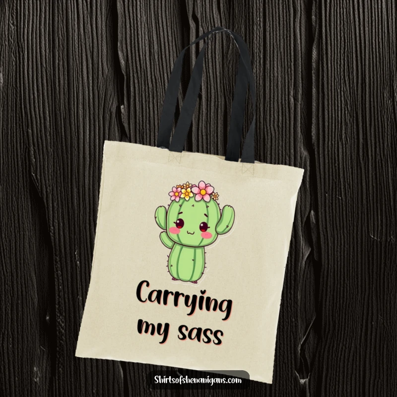 Funny cactus tote bag featuring a proud cactus wearing a flower crown, posing awkwardly, a practical and humorous accessory.