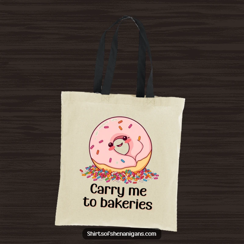 Funny Tote Bag: Plump donut giggling as it rolls into sprinkles, a humorous and practical shopping bag.