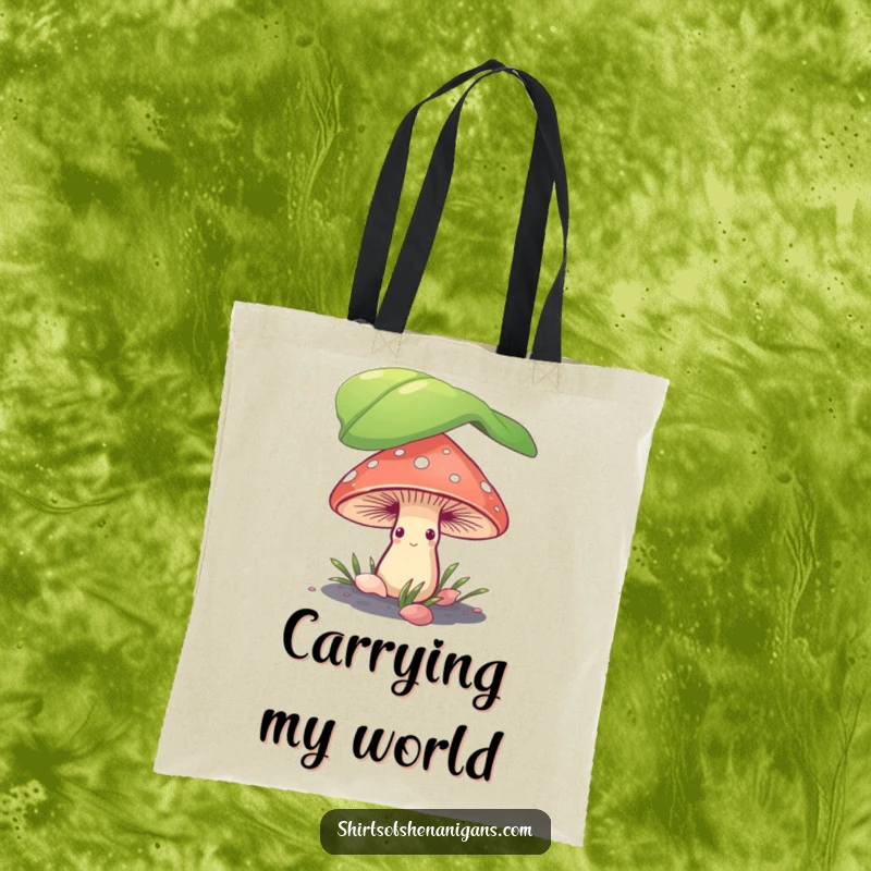 Funny shy mushroom peeking out from under a leaf on a reusable tote bag, showcasing cute and humorous design.