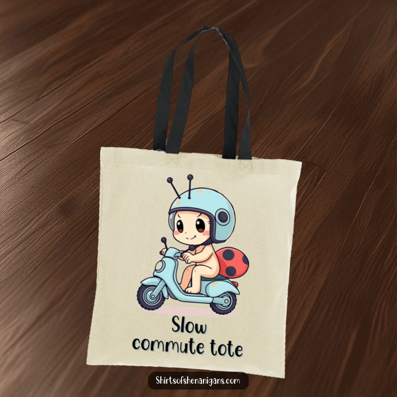 Funny snail tote bag featuring a determined snail wearing a tiny helmet, racing a ladybug scooter, a humorous and practical accessory.
