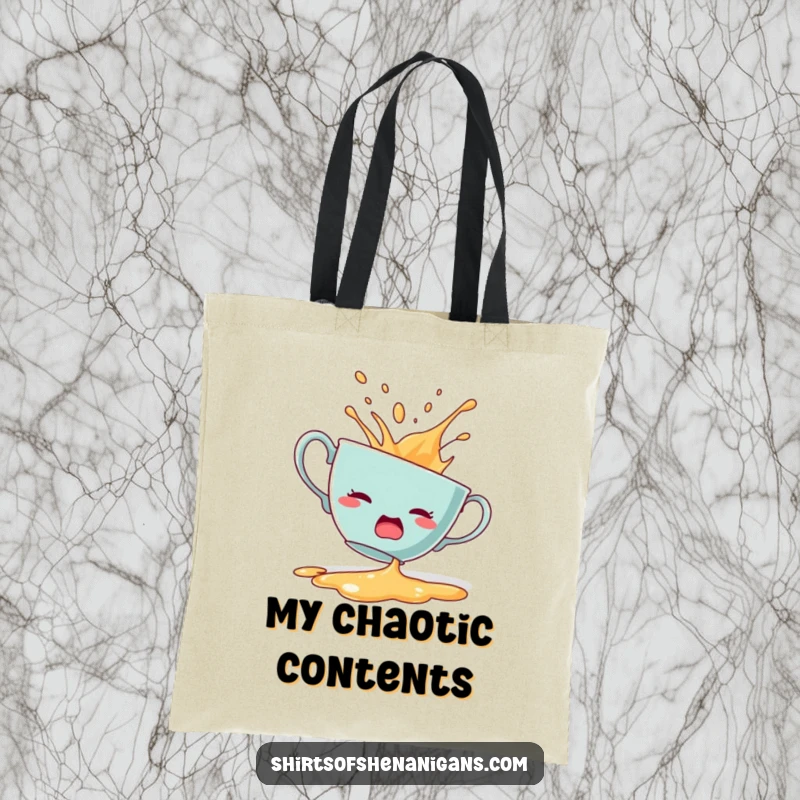 Funny tote bag with a startled teacup dramatically spilling its contents, a humorous beverage mishap.