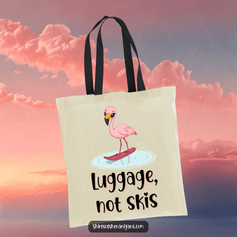 Funny startled flamingo tote bag, cross-eyed while attempting water skiing on a puddle, for carrying humor.